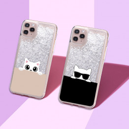 Cute Cat Sunglasses Cartoon Sparkle Liquid Real Glitter Phone Case Fundas Cover for iPhone 11 X XS XR Max Pro 7 8 7Plus 8Plus 6